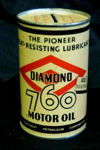 Vintage Diamond 760 Motor Oil Advertising Coin Bank Metal Tin 3 1/2 " Tall