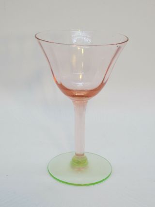 Wine Cordial Glass Watermelon Vintage Depression Pink Green Optic Rib Sides
