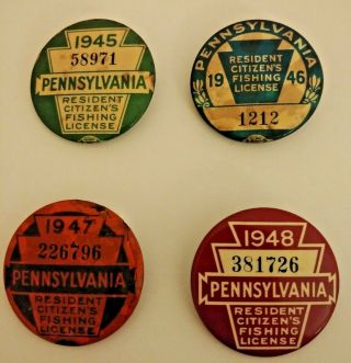 Vintage 1945 - 1948 Pa Pennsylvania Resident Fishing License Button Pin Set