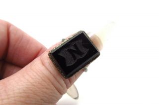 Antique Sterling Silver And Carved Whitby Jet Ring 64