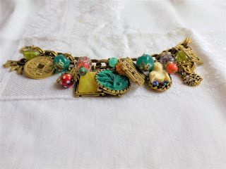 Rare Vintage,  Antiqued Brass,  Oriental Style Asian Dangle,  Chunky Charm Bracelet