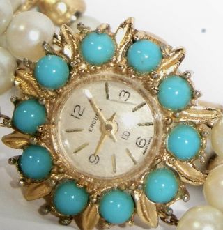 VINTAGE ENDURA WOMEN WATCH GOLD FILLED WITH PEARLS AND BLUE OPALINE JEWELS BAND 2