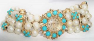 VINTAGE ENDURA WOMEN WATCH GOLD FILLED WITH PEARLS AND BLUE OPALINE JEWELS BAND 3