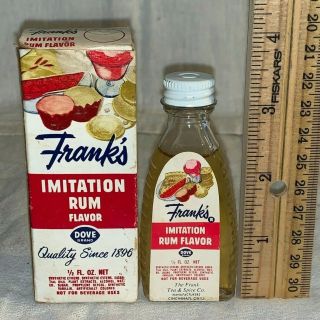 Antique Franks Tea Spice Imitation Rum Bottle Tin Lid Box Dove Brand Cincinnati