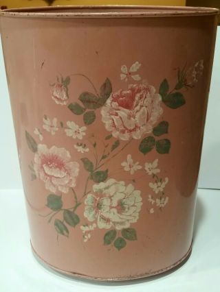 Vintage Metal Oval Trash Can Pink Flower