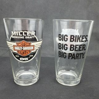 2 Miller Draft Harley Davidson 95th Anniversary Beer Glasses Cups 1998