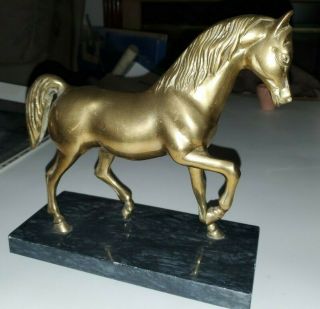 Vintage Solid Brass Horse On Green Marble Base Statue 8 1/4 " Inch Tall From Base