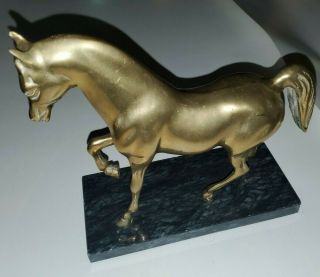 VINTAGE Solid Brass HORSE on green Marble base Statue 8 1/4 