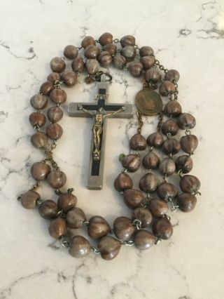 Vintage Rosary 25 " Length Wood Beads Silver Brass Color With Rivets Italy