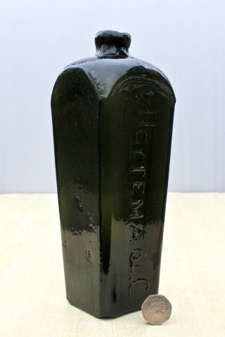 Antique C1860s Vhoytema & Co Rolled Lip Crude Black Glass Dutch Case Gin Bottle