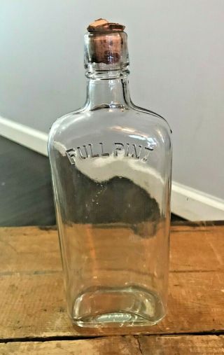 Full Pint Antique Strap Side Vtg Whiskey Bottle Cork Stoppered Flask Clear Glass
