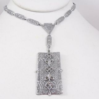 Vtg Antique Art Deco Silver Tone Filigree Flower Necklace 15 " Qyf9
