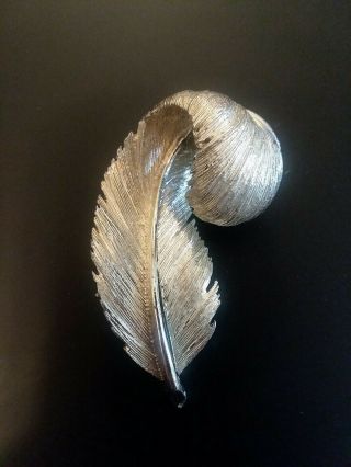 Vintage Signed M.  Jent Silver Tone Large Brooch Pin Twisted Leaf Feather