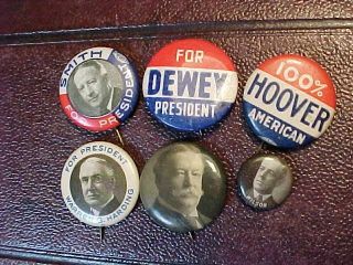 Antique Political Buttons Pins Taft / Harding / Smith / Hoover / Dewey