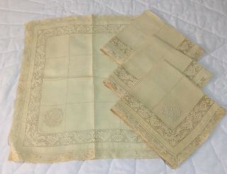 Four Small Vintage Cocktail Napkins,  Scroll Embroidery,  Cut Work,  Lace Edges