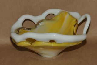 Vintage Art Glass Mid Century Modern Yellow & White Cased Glass Dish Freeform