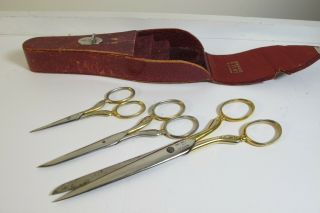 Antique Set Of 3 Antique Germany Ny Hoffritz Sewing Scissors Shears Leather Case