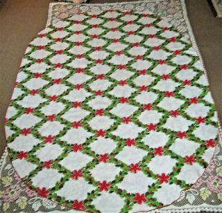 Vintage Oblong Christmas Holly Greens Berries And Bows Tablecloth 60 " X 88 "
