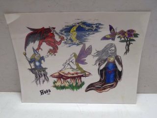 Vintage 1989 Tattoo Flash Sheet Art By Hoss Wizards Fairies Demon Moon Butterfly