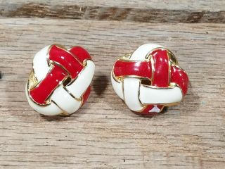 Vtg.  Monet White & Red Enamel Gold Tone Knot Button Clip On Earrings