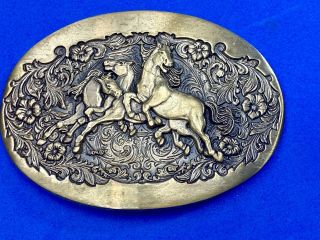 Vintage Wild Mustangs Horses Solid Brass Belt Buckle By Award Design Metals