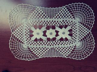 Vintage Hand Crochet Off White Raised Flowers,  Dresser Or Table Doily