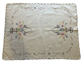 Vintage Floral Embroidered Ecru Linen Dresser Scarf Table Runner With Edging