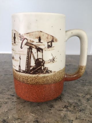 Oil Well Derrick Oilfield Panorama Vintage Otagiri Tall Stoneware Coffee Mug Cup