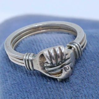 Antique Sterling Irish Claddagh Fede Gimmel Hands Heart Puzzle Wedding Ring J6