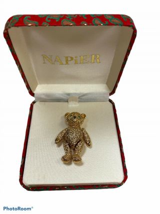 Vintage Napier Articulated Teddy Bear Brooch Pin Green Rhinestone Jointed