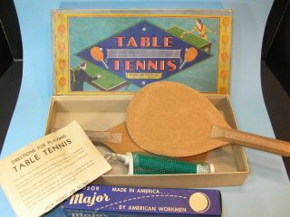 Boxed 1930s Marks Table Tennis / Ping Pong Set,  Paddles,  Net,  6 Vintage Balls