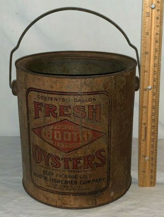 Antique Bail Handle Booth Oysters Tin Litho 1gal Can Chicago Fish Seafood Grocer