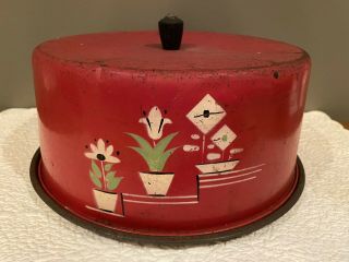 Vintage Red Metal Cake Saver Holder Carrier Retro Flowers