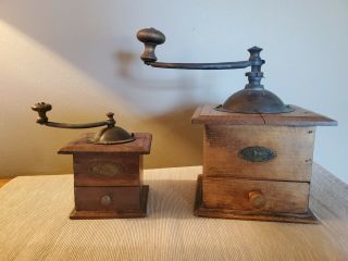 Two Antique French Peugeot Freres Valentigney Wood Coffee Grinders