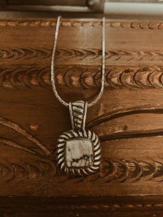 Vintage Sterling Silver White Buffalo Turquoise Pendant & Chain Made In Mexico