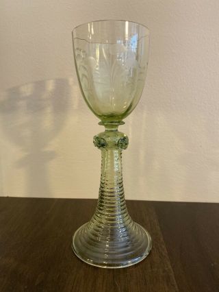 Vintage Roemer Stem? Etched Green Crystal Wine Or Liquor Glass