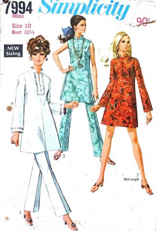 Simplicity 7994 Size 10 Rare Vintage 60s Caftan Style Dress Tunic & Flares