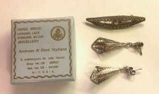 Vintage Sterling Silver Brooch & Earrings Lefkara Lace,  Nicosia