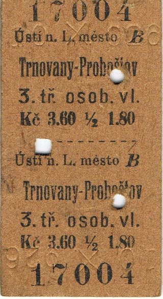 Railway Ticket Csd Usti Nad Labem To Trnovany - Probostov Third Class Single 1926