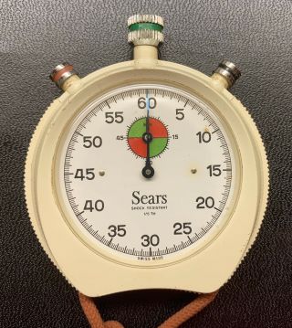 Vintage Sears White Stopwatch Shock Resistant Swiss Made 1/5th Sec