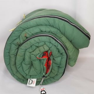Vintage Coleman Sleeping Bag Green W Inner Red Black Plaid Check Metal Zipper