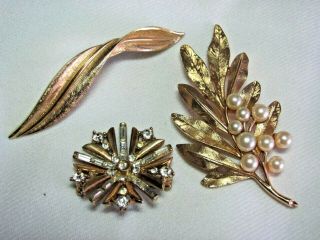 3 Vintage Crown Trifari Goldtone Pins Faux Pearls & Rhinestones