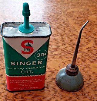 2 Vintage Sewing Machine Oil Cans Singer Green Top 4 Oz. ,  Thumb Oiler Curved