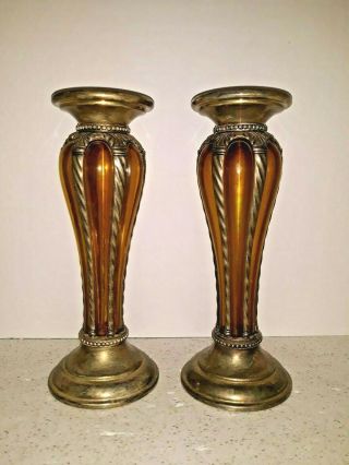 Vintage Style Shabby Silver Metal Amber Glass Table Top Candle Holders 10 "