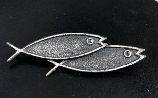 Modernist Vintage Beau Sterling Silver Double Fish Pin Signed Designer Brooch