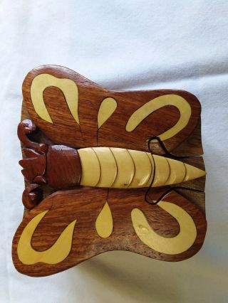 Vintage Hand Carved Wooden Puzzle Trinket Box Secret Compartment Butterfly