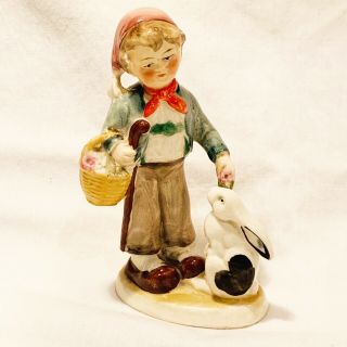 Antique German Porcelain Figurine 12984 Boy With Bunny Rabbit And Basket Vintage