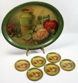 Vintage Metal Floral Flower Food Serving Tray W/ 6 Identical Drink Coasters