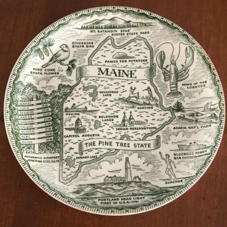Vintage Souvenir Collectible Maine The Pine Tree State Plate Green & White