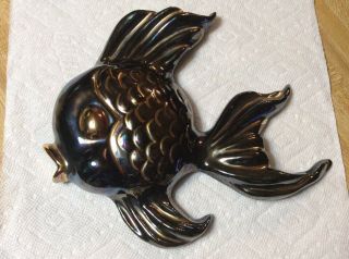Vintage Mid Century Ceramic Fish 9 1/2” X 8” 1960s Black & Gold Iridescent